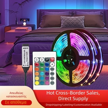 RGB ευέλικτη LED λωρίδα 5050 με πλακέτα, τηλεχειριστήριο 24 κουμπιών, τηλεοπτικός ατμοσφαιρικός φωτισμός и διακοσμητικό φως σαλονιού με χρώματα που αλλάζουν