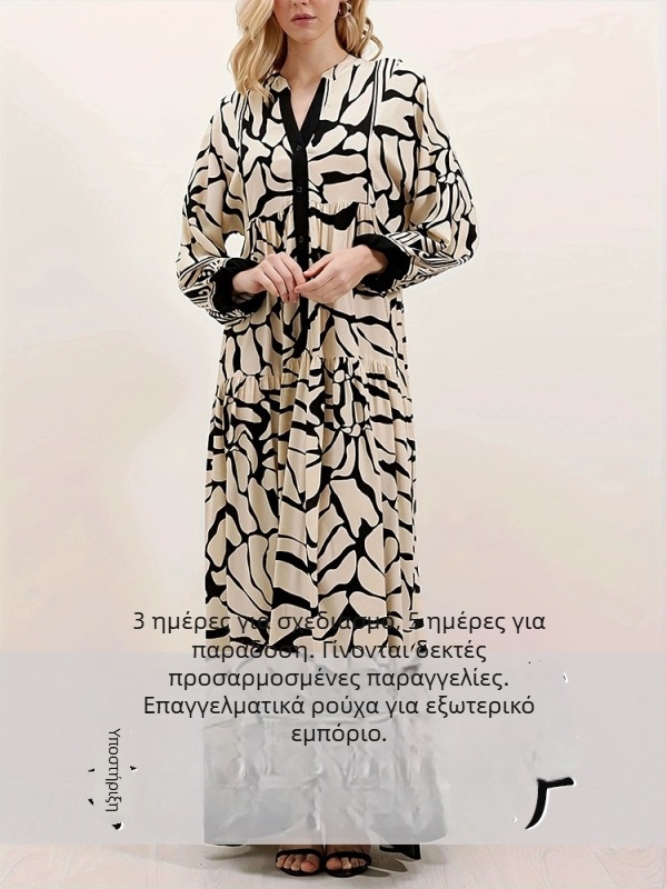 Μαύρο μακρύ φόρεμα με εκτύπωση, κομψό και ευγενές ύφος, απαλό και άνετο, φαρδιά γραμμή