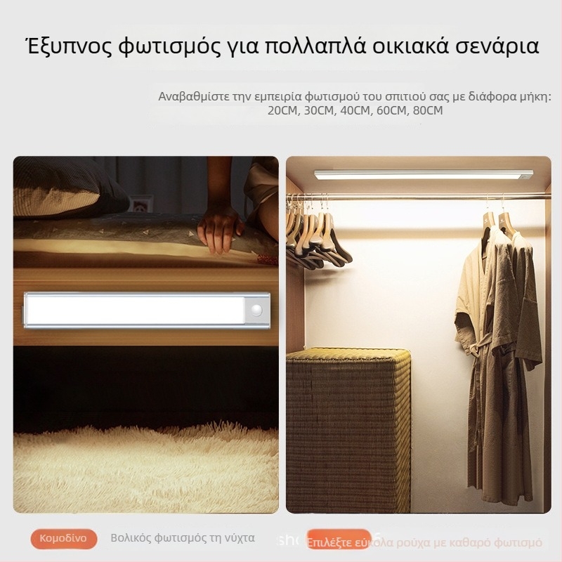 Πολύ λεπτό LED νυχτερινό φως με ανιχνευτή κίνησης, μαγνητική αυτοκόλλητη βάση για ντουλάπι, επαναφορτιζόμενο
