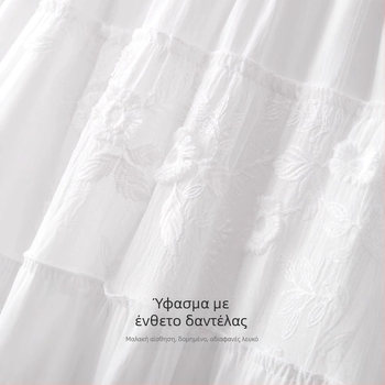 Λευκή φούστα chiffon για γυναίκες, καλοκαίρι, ελαφρύς σχεδιασμός, ελαστική υψηλή μέση με πιέτες σε Α-γραμμή, δαντελωτό πάνελ, φούστα τύπου ομπρέλα