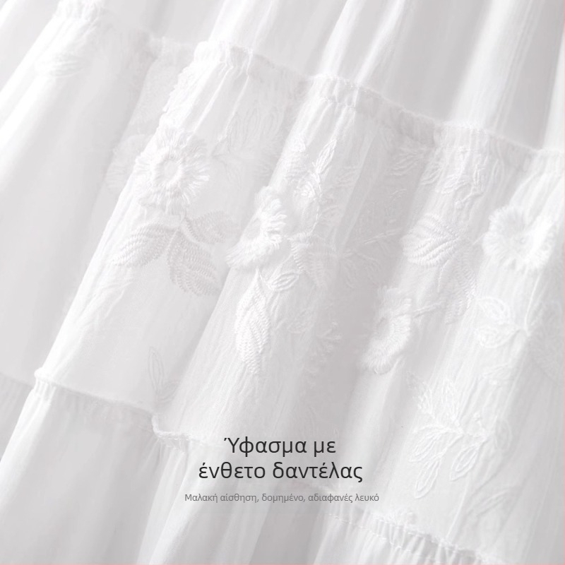 Λευκή φούστα chiffon για γυναίκες, καλοκαίρι, ελαφρύς σχεδιασμός, ελαστική υψηλή μέση με πιέτες σε Α-γραμμή, δαντελωτό πάνελ, φούστα τύπου ομπρέλα