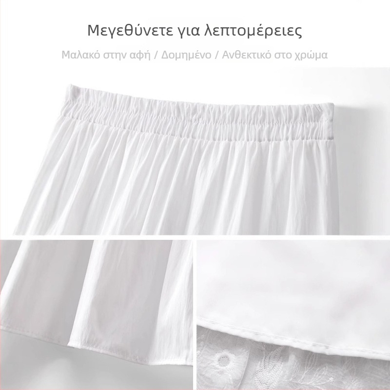 Λευκή φούστα chiffon για γυναίκες, καλοκαίρι, ελαφρύς σχεδιασμός, ελαστική υψηλή μέση με πιέτες σε Α-γραμμή, δαντελωτό πάνελ, φούστα τύπου ομπρέλα