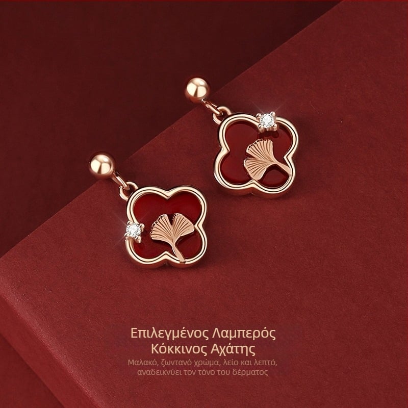 Τιχια αυθεντικά κόκκινο αχάτης τετράφυλλο τριφύλλι μικρά σκουλαρίκια τύχη για γυναίκες, 990 ασήμι, ρετρό σχέδιο φύλλου γκίνκο