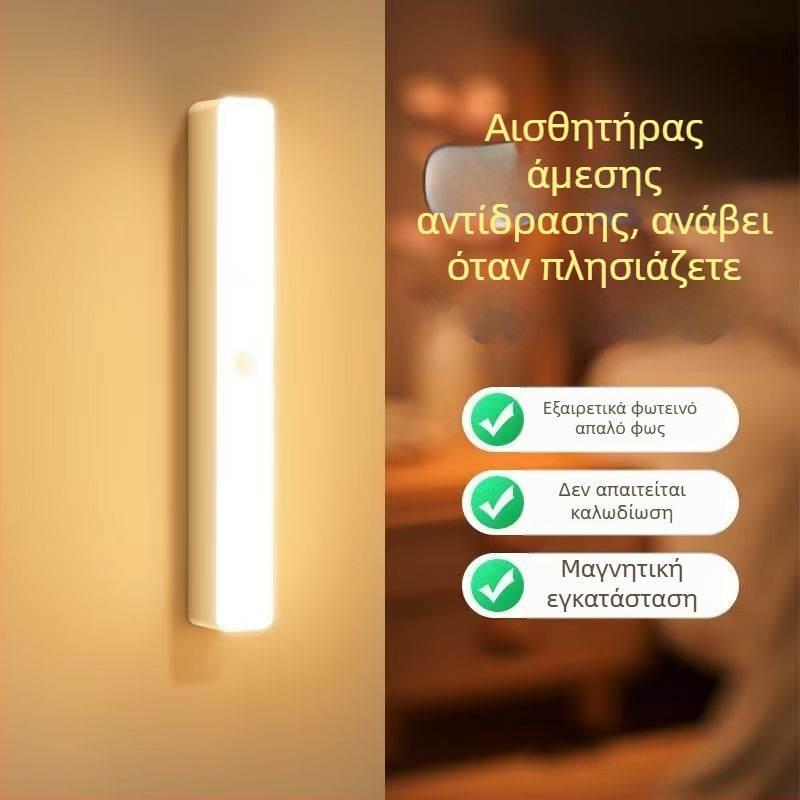 Έξυπνο LED νυχτερινό φως με αισθητήρα κίνησης για οικία, υπνοδωμάτιο και διάδρομο — λεπτός λωριδικός σχεδιασμός με απαλό φως
