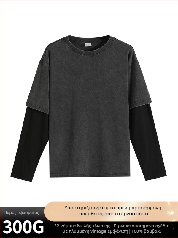 Ανδρικό μακρυμάνικο T‑shirt από βαμβάκι, σχέδιο color-block, ύφασμα 300 g, vintage πλύσιμο με νιφάδες χιονιού, άνετη γραμμή