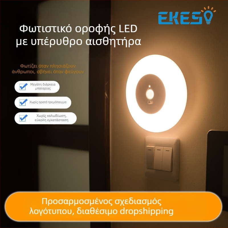 LED φωτιστικό οροφής με αισθητήρα κίνησης, λειτουργεί με μπαταρίες, νυχτερινό φως και πάνελ φωτισμού για εσωτερικούς χώρους και ντουλάπες