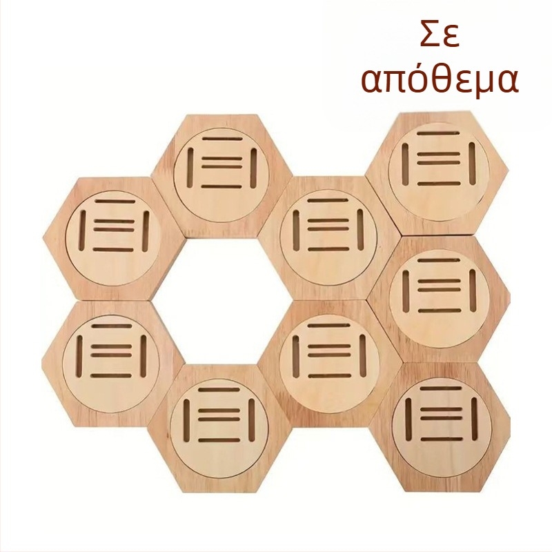 Ξύλινο ράφι προβολής μεταλλίων με σχέδιο εξάγωνου κυψέλης, κρεμαστό στον τοίχο για το σαλόνι