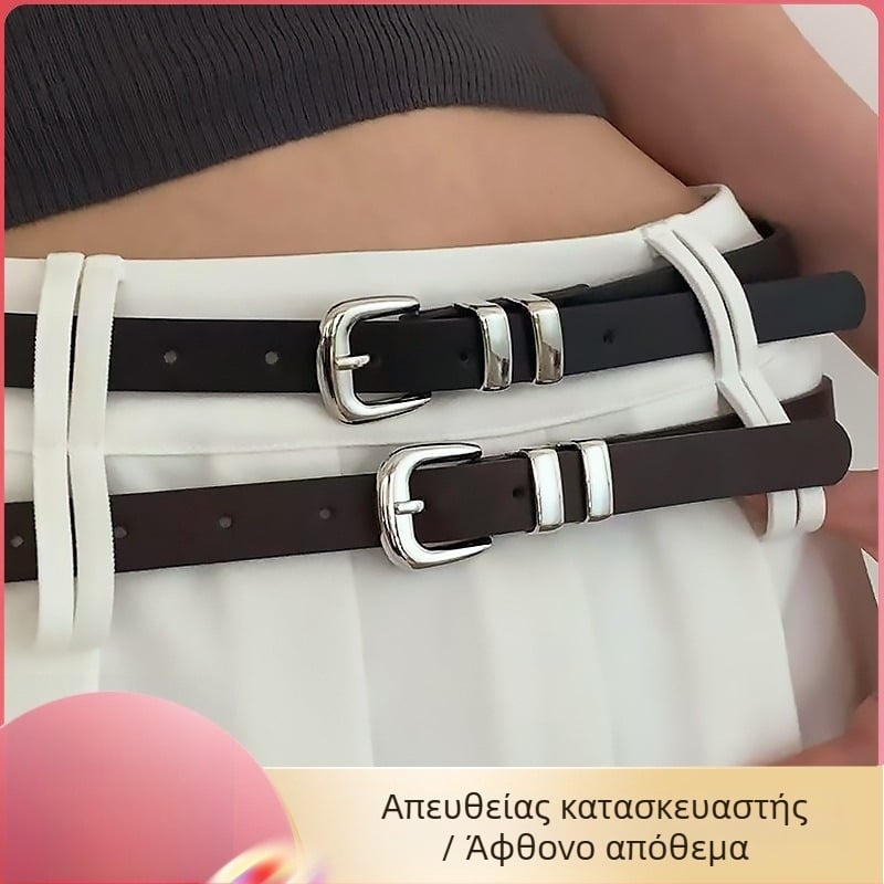 Γυναικεία λεπτή ζώνη από PU δέρμα με ασημένια μεταλλική αγκράφα-δαχτυλίδι, μινιμαλιστικό σχέδιο, μήκος 105 εκ., κορεατικό στυλ