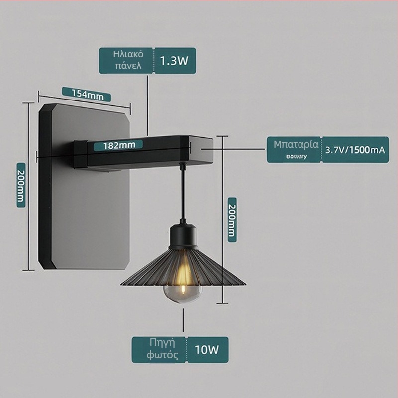 Ηλιακό εξωτερικό φως τοίχου με COB LED, 10W, 2700K ζεστό λευκό, IP65, 182×200 mm, για κήπο, διάδρομο και μπαλκόνι