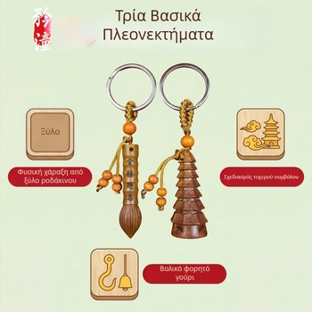 Ξύλινη κλειδοθήκη από ξύλο ροδάκινου με Wenchang Pen και Wenchang Pagoda