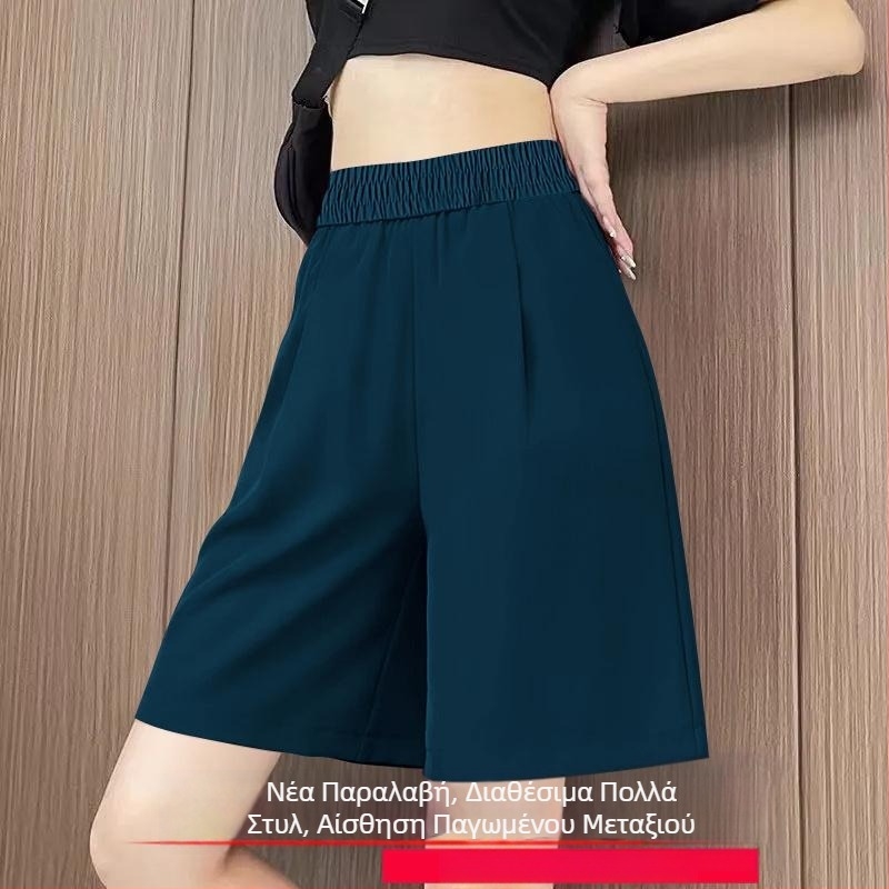 Plus size Γυναικεία capri σορτς με ψηλή μέση από ice silk, ανάλαφρο καλοκαιρινό, άνετο, χαλαρού στυλ, με ελαστική μέση