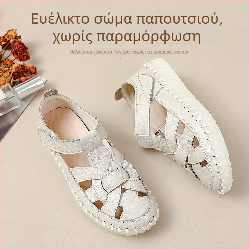 Γνήσια Δερμάτινα Διατρητά Σανδάλια με Velcro για Γυναίκες, Καλοκαίρι, Ελαφριά Σόλα, Αντιολισθητικά