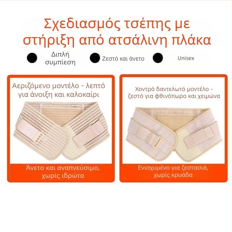 Ζώνη μέσης από διαπνοή διχτυωτό ύφασμα, πλήρως ελαστική, τετραετής στήριξη με μεταλλική πλάκα, θήκη φαρμάκων με αυτοθερμανόμενη λειτουργία, δαντελωτό τελείωμα