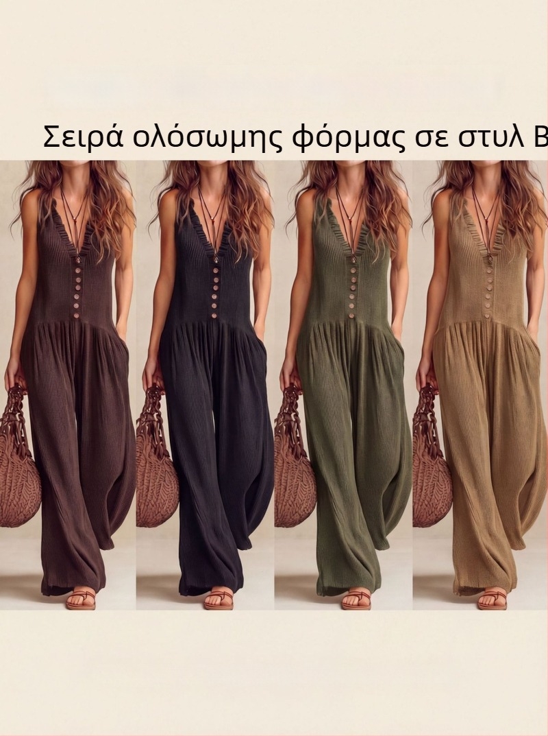 Γυναικεία μποέμ ολόσωμη φόρμα με V-λαιμό, χωρίς μανίκια, φαρδιές παντελόνες, άνοιξη 2026
