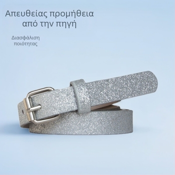 Γυναικεία ζώνη από PU δέρμα με γκλίτερ, ροζ και ασημί, Ευρώ‑Αμερικανικό στιλ, λεπτή ζώνη (<2 cm), μήκος 105 cm, αγκράφα με καρφί