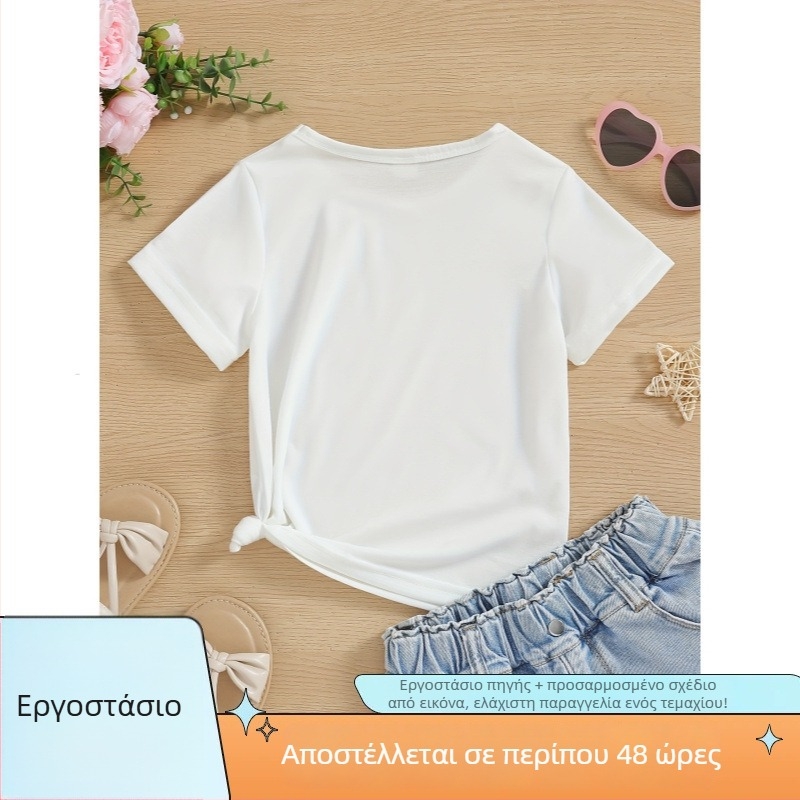 Κοριτσίστικο βαμβακερό T‑shirt για την Ημέρα του Αγίου Πατρικίου με χαριτωμένο σχέδιο τριφυλλιού και γραμμάτων, στρογγυλός λαιμός, κοντά μανίκια, street style