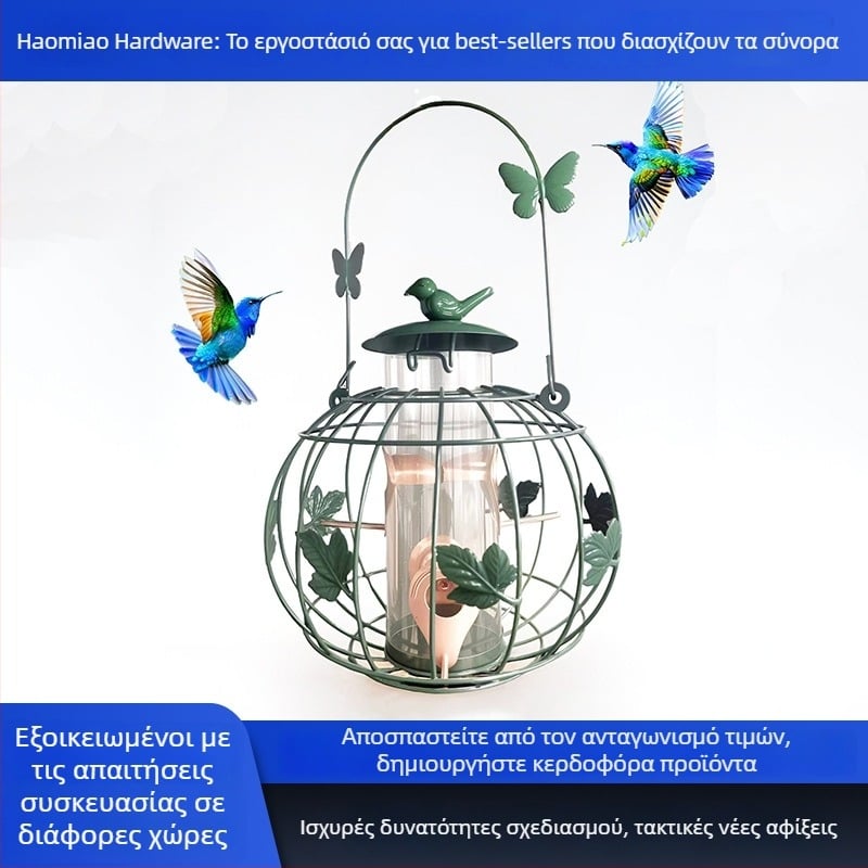 Κλουβί για πουλιά από σίδερο με φανάρι και μοτίβο πεταλούδας για εξωτερικό κήπο – κρεμαστό κλουβί τροφοδοσίας