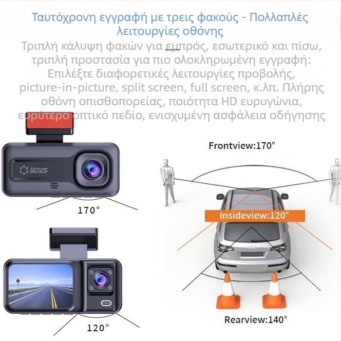 Διασυνοριακή υπέρυθρη νυχτερινή όραση dash cam αυτοκινήτου, 1080p HD, οθόνη 2 ιντσών, τρεις φακοί, μοντέλο WIFIA98, εικόνα οπισθοπορείας εντός του οχήματος