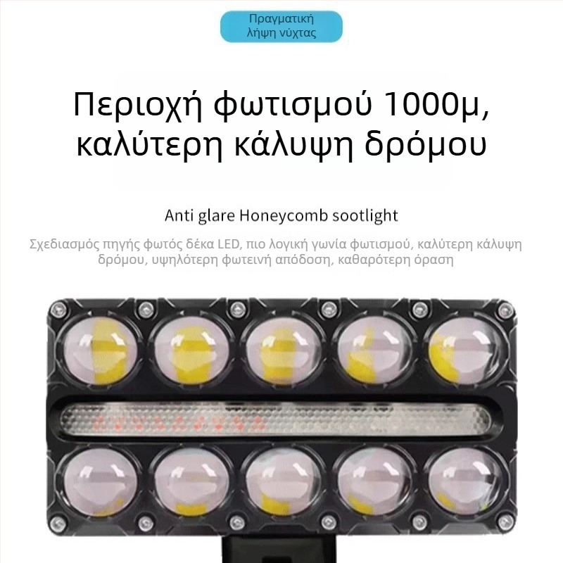 Φανάρι LED μοτοσικλέτας με 10 LED, τετράγωνος φακός διχρωμίας λευκός-κίτρινος, υψηλής έντασης δέσμη