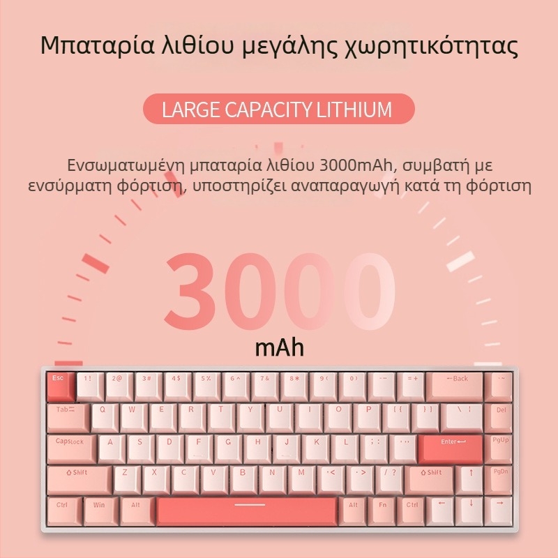 Red Fury H68 Sakura θέμα, μηχανικό πληκτρολόγιο με τρεις λειτουργίες RGB, Bluetooth ασύρματο, μπλε διακόπτες, hot-swappable