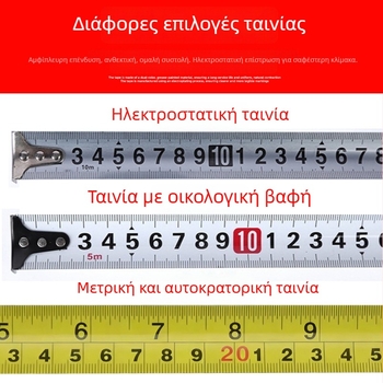 Διάφανο μπλε-πράσινο, ανθεκτικό στις πτώσεις μετρητής ταινίας· 7,5 m και 10 m ανοξείδωτοι συνδυαστικοί χάρακες· 5 m ατσάλινη μετροταινία.