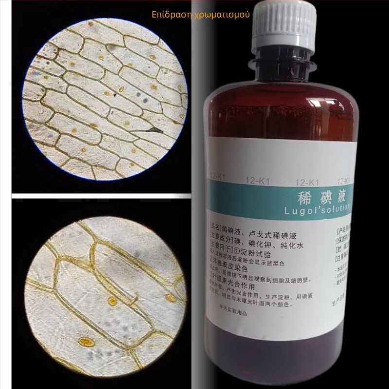 Διάλυμα ιωδίου σε φιάλη 100/500 ml, για πειραματικά κύτταρα: επιδερμίδα κρεμμυδιού, προσωρινή χρώση σε φυσιολογικό ορό.