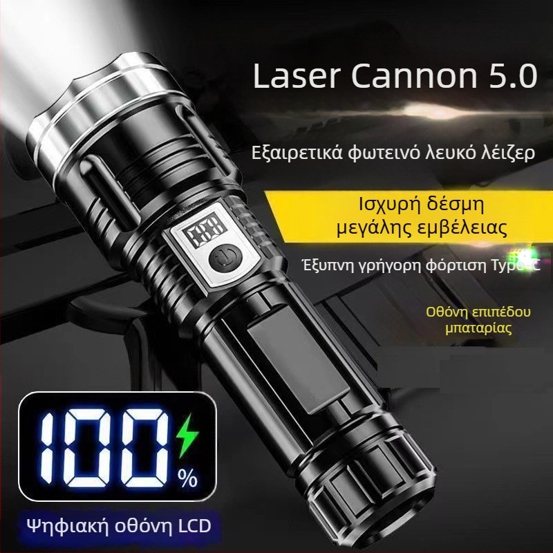 YEBU LED φακός με λευκό λέιζερ, ισχυρή δέσμη, μακρινή εμβέλεια, επαναφορτιζόμενος, φορητός εξωτερικός φακός LED με οπτικό ζουμ.