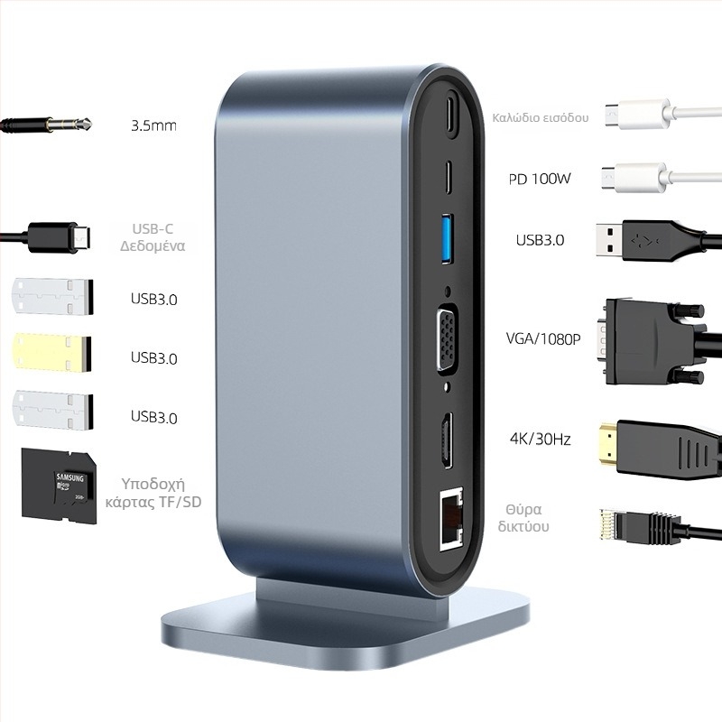 12-σε-1 USB-C σταθμός σύνδεσης με Thunderbolt 3, 4K60Hz διπλή οθόνη, σώμα από κράμα αλουμινίου, OEM παραμετροποίηση