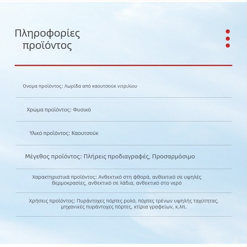Λωρίδα στεγανοποίησης από καουτσούκ νιτριλίου, τετράγωνης διατομής, ανθεκτική σε λάδια, σε οξέα και βάσεις, και στη γήρανση