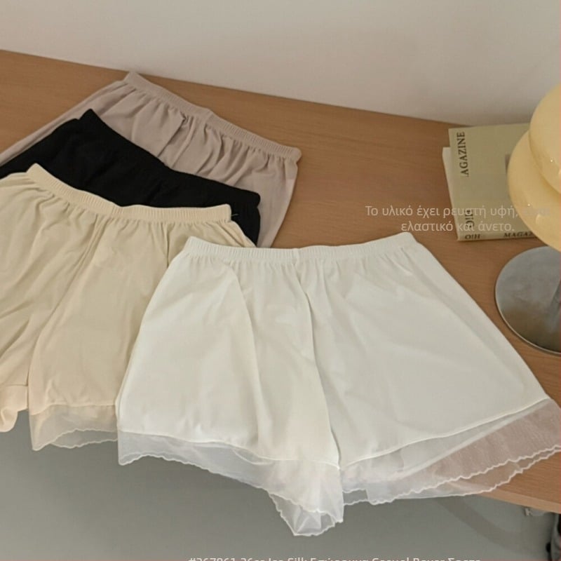 Γυναικείαι σορτς ασφαλείας από ice silk, ελαφριά καλοκαιρινή εφαρμογή, κατάλληλα για εξωτερική χρήση, με δαντελένιο τελείωμα, slip shorts
