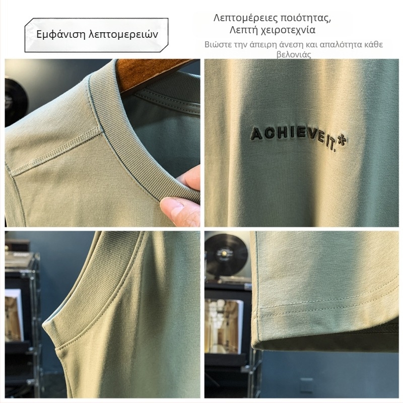 Ανδρικό λεπτό T-shirt χωρίς μανίκια από βαμβάκι με ice silk, καλοκαίρι, χαλαρή εφαρμογή, διαπνοή, αμερικανικός σχεδιασμός, ευέλικτο