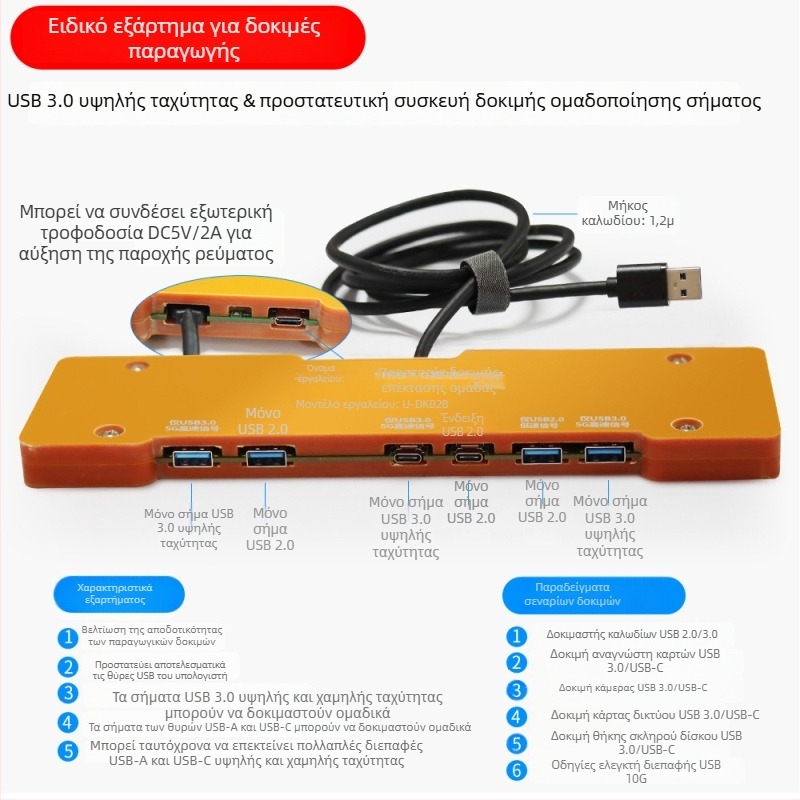 Δοκιμαστής διεπαφής USB και διανομέας 3.2 για θύρες Type-C και USB 3.0 – λειτουργία, ρεύμα και τάση