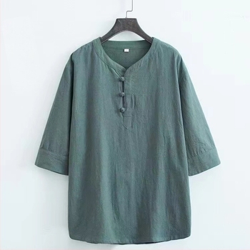 Αντρικό T‑shirt από βαμβάκι, κινεζικού στυλ, κοντά μανίκια, χαλαρή γραμμή, με κουμπιά