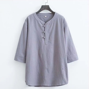 Αντρικό T‑shirt από βαμβάκι, κινεζικού στυλ, κοντά μανίκια, χαλαρή γραμμή, με κουμπιά