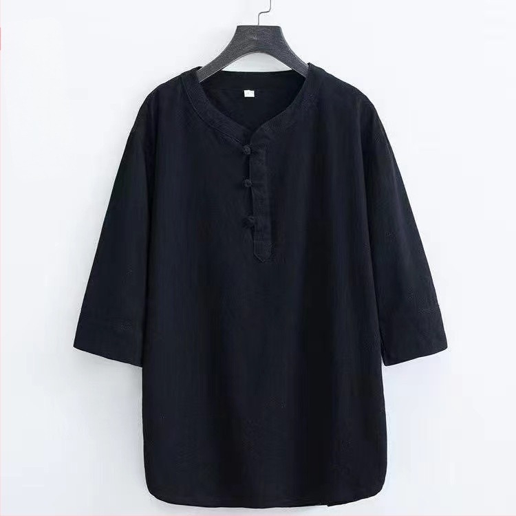 Αντρικό T‑shirt από βαμβάκι, κινεζικού στυλ, κοντά μανίκια, χαλαρή γραμμή, με κουμπιά