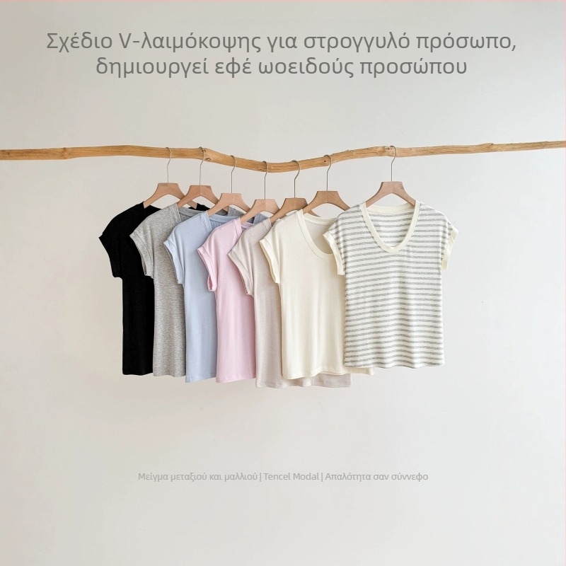 Γυναικείο καλοκαιρινό T‑shirt από συνδυασμό μετάξι-μαλλί, Tencel Modal, Slim Fit, drop-shoulder
