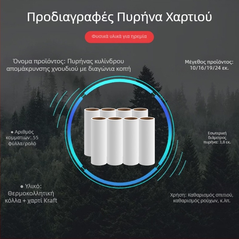 Ρολό κολλητικής χαρτί για τρίχες 10 εκ. με αντικαταστάσιμο πυρήνα – κύλινδρος σε κλίση για σκόνη και απομάκρυνση τρίχων