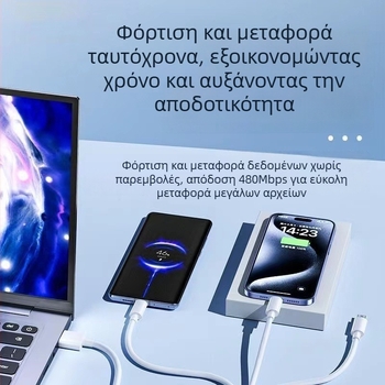 Λευκό καλώδιο γρήγορης φόρτισης 3-σε-1 6A με συνδέσμους Mini USB, Micro USB και Type-C για Apple, Android, Huawei και Xiaomi.