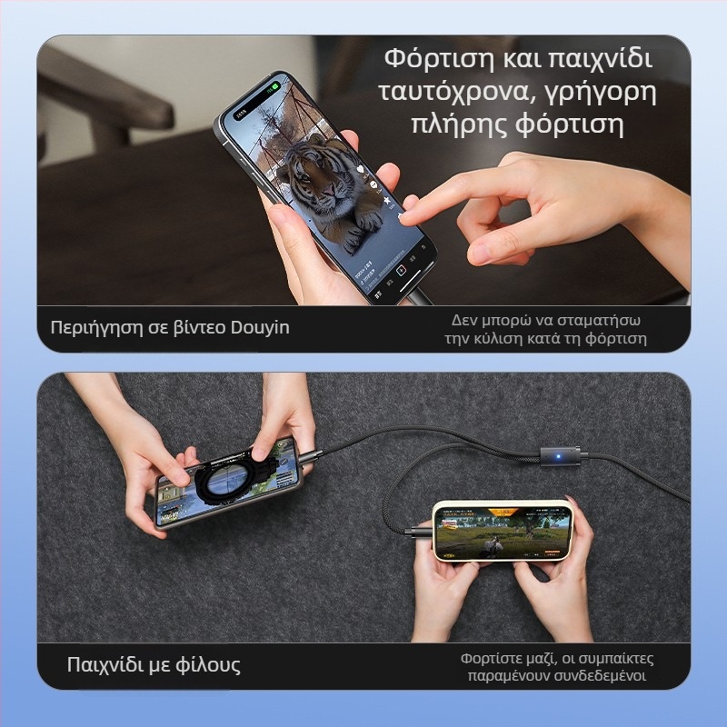 Καλώδιο δεδομένων με LED ανάσα, ένα προς δύο, δύο σε ένα, USB Type-C 6A, συμβατό με Huawei και Apple iPhone 17