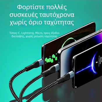 J305 5-σε-1 πλεκτό καλώδιο φόρτισης και μεταφοράς δεδομένων με USB-C, Lightning και Micro USB, μήκος 1,2 m, μαύρο, γρήγορη φόρτιση έως 120W