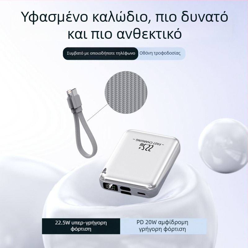 Νέος Power Bank 22,5W γρήγορη φόρτιση, 10000mAh μεγάλης χωρητικότητας, φορητή με ενσωματωμένο καλώδιο