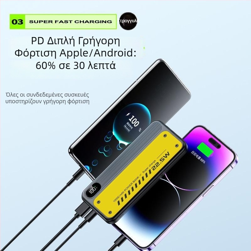 Εξωτερική μπαταρία 20000 mAh με διπλής κατεύθυνσης γρήγορη φόρτιση 22,5 W, υπερλεπτη, με ενσωματωμένο καλώδιο και ψηφιακή οθόνη
