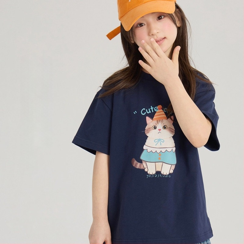 Παιδικό κοντομάνικο καλοκαιρινό T-shirt με εκτύπωση γατάκι σε καρτούν, στρογγυλή λαιμόκοψη