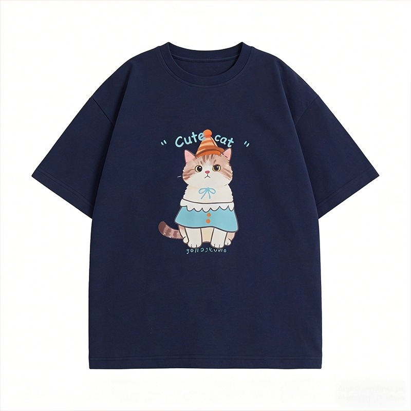Παιδικό κοντομάνικο καλοκαιρινό T-shirt με εκτύπωση γατάκι σε καρτούν, στρογγυλή λαιμόκοψη