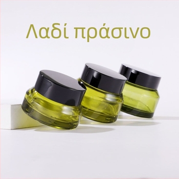 Γυάλινο μπουκάλι κρέμας με κεκλιμένο ώμο σε ελιά-πράσινο και χρώμα τσαγιού για καλλυντικά, λοσιόν και κρέμα ματιών