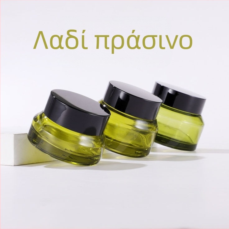 Γυάλινο μπουκάλι κρέμας με κεκλιμένο ώμο σε ελιά-πράσινο και χρώμα τσαγιού για καλλυντικά, λοσιόν και κρέμα ματιών