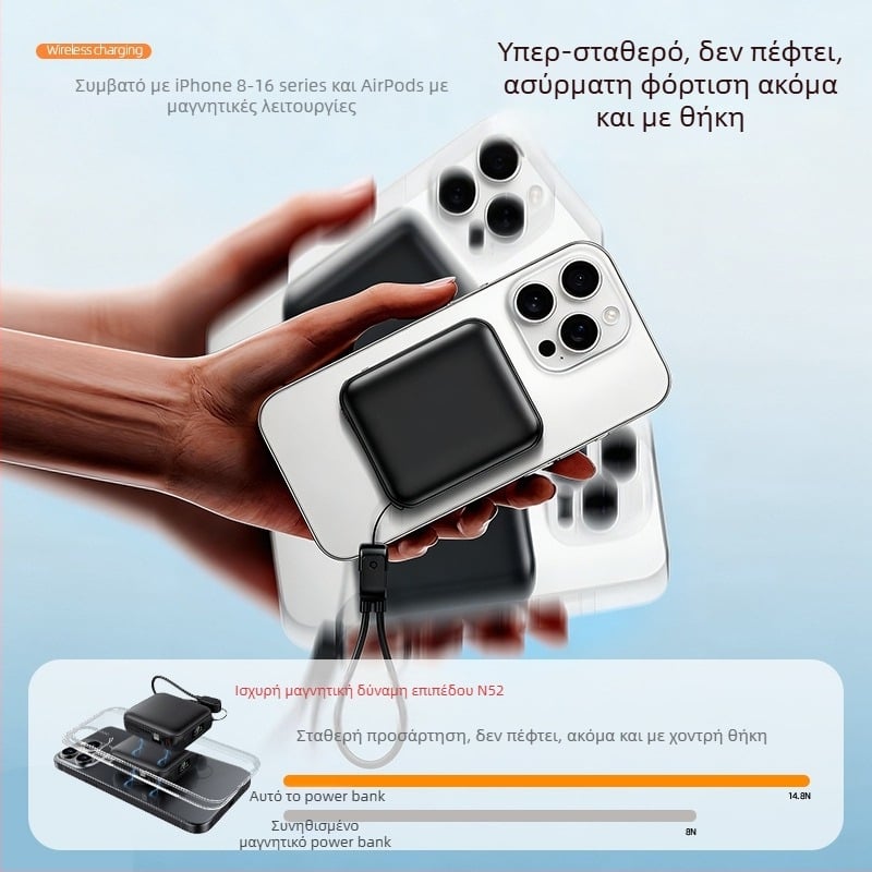 Τρία σε ένα power bank με γρήγορη φόρτιση και μαγνητική φόρτιση, 10000 mAh, με καλώδιο, κατάλληλο για κινητά τηλέφωνα, ακουστικά και ρολόγια