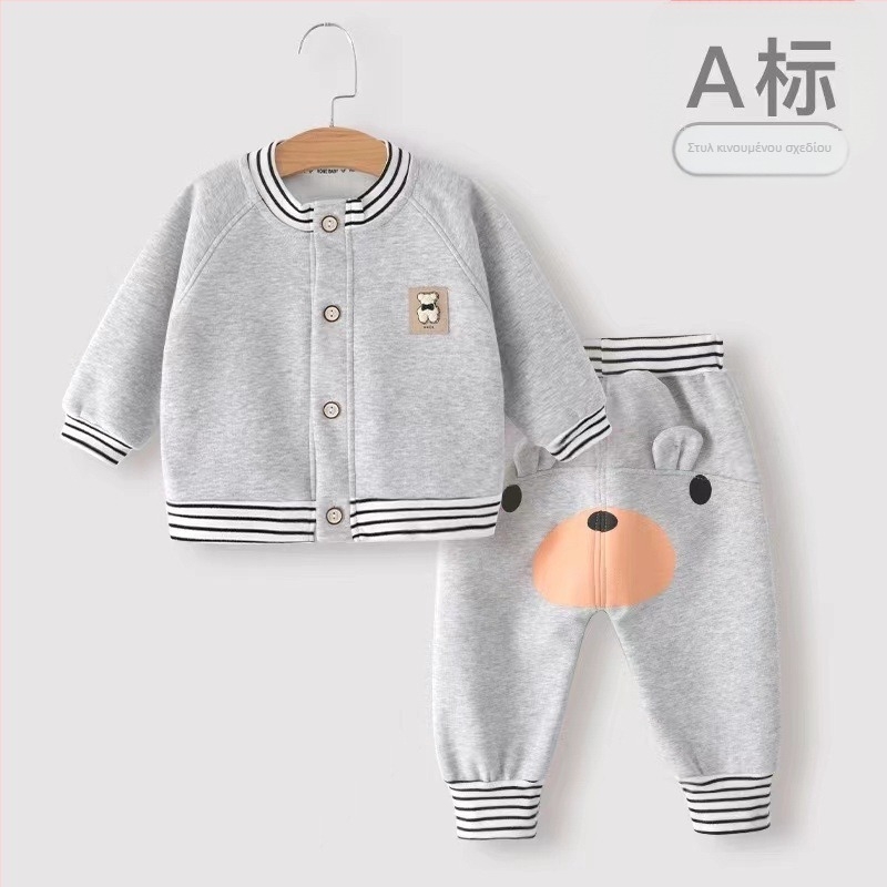 Σετ δύο τεμαχίων για μωρά σε κορεατικό στυλ, ζακέτα και παντελόνια με ριγέ καρτούν εκτύπωση, υψηλή μέση, μακριά μανίκια, από βαμβακομίγμα, για 1–3 ετών, άνοιξη–φθινόπωρο