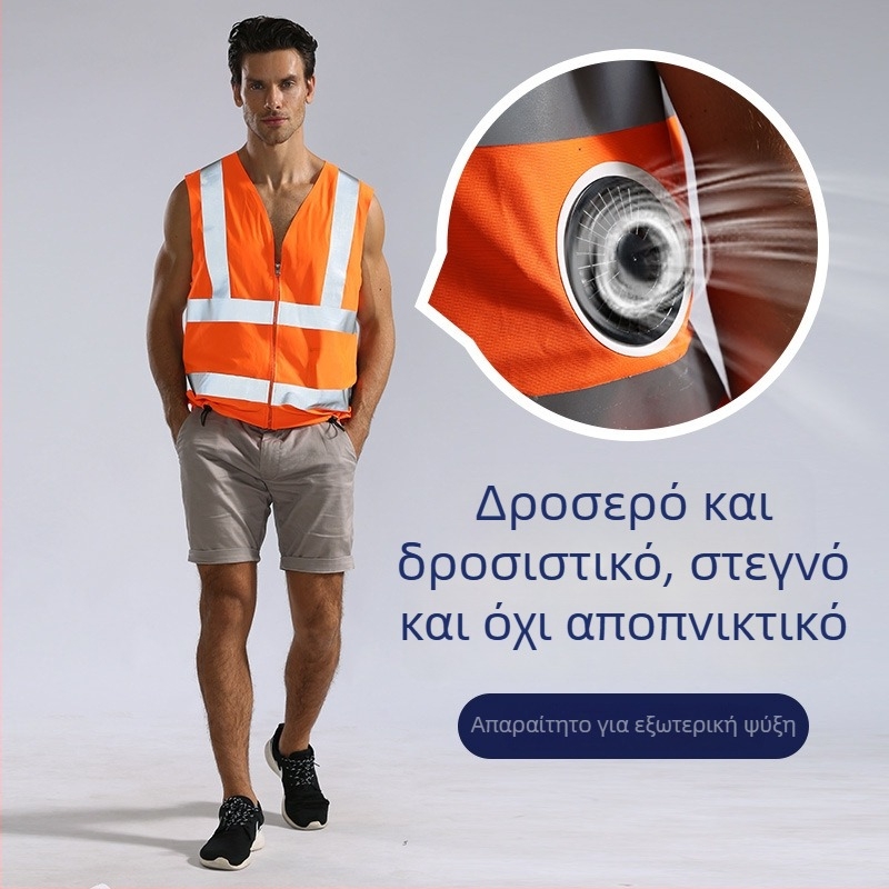 Καλοκαιρινό ένδυμα με ανεμιστήρα για ψύξη, ανακλαστικό γιλέκο ασφαλείας και ζώνη ασφαλείας για εξωτερική εργασία