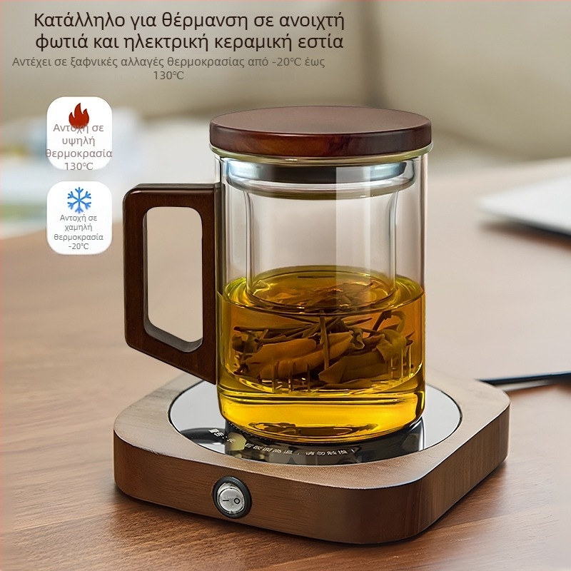 Νέος κινεζικός στυλ κύπελλο τσαγιού από γυαλί borosilicate με καπάκι από καρυδιά και ξύλινο χερούλι, ανθεκτικό στη θερμότητα, για πράσινο τσάι – σετ 3 τεμαχίων